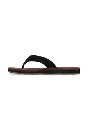 Brun og sort herre-flip-flop sandal med tekstil rem mellem tæerne og flad sål, vist i sideprofil på hvid baggrund.