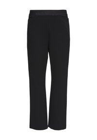 Pantalons noirs avec une coupe droite, fabriqués en tissu doux, dotés d'une ceinture scintillante discrète et sans poches visibles ni motifs.