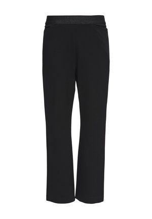 Zwarte pantalon met een rechte pijp, gemaakt van zachte stof, met een subtiele glittertailleband en zonder zichtbare zakken of patronen.