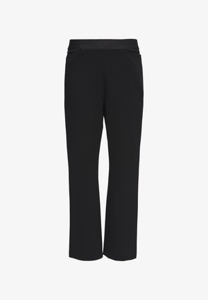 Zwarte pantalon met een rechte pijp, gemaakt van zachte stof, met een subtiele glittertailleband en zonder zichtbare zakken of patronen.