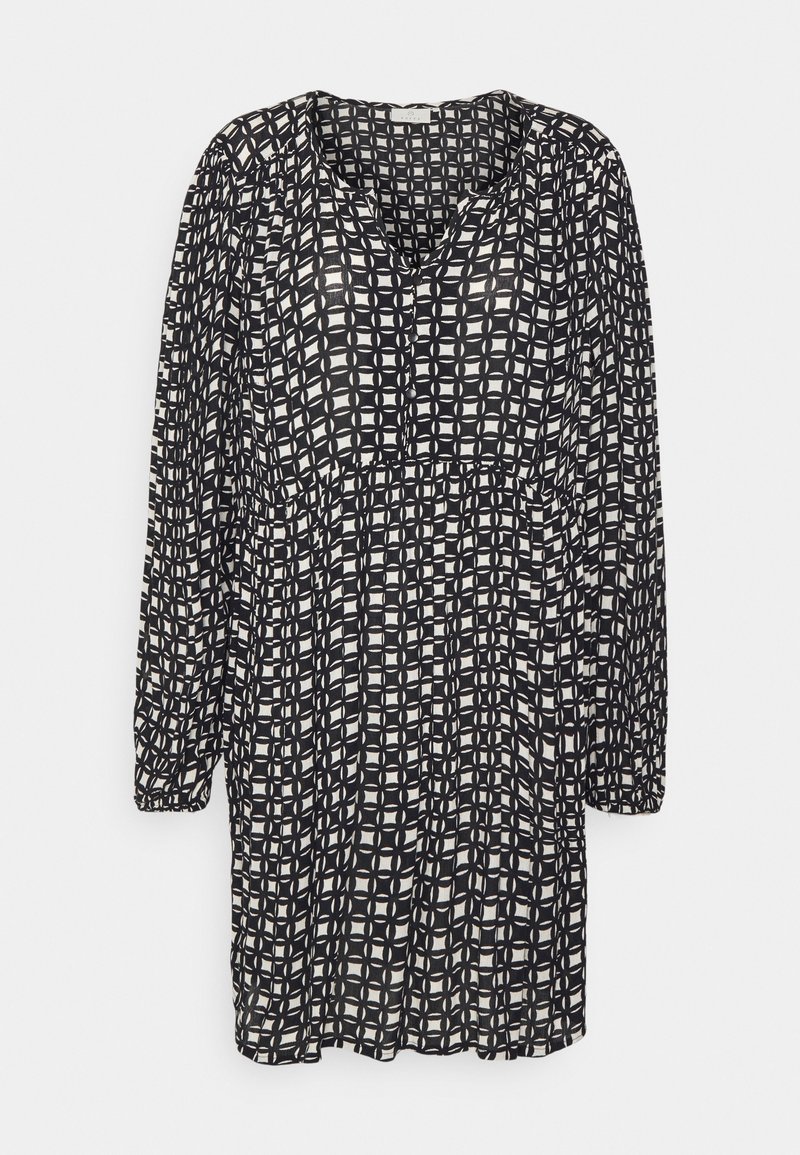 Robe noire et blanche à manches longues avec motif géométrique en grille et floral, encolure en V et détail froncé à la taille.