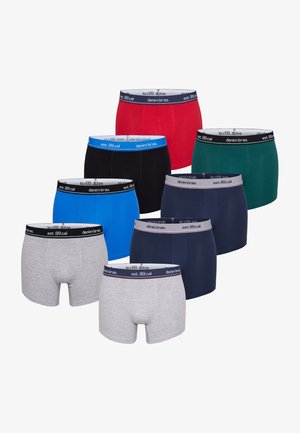 Marineblaue Boxershorts mit einem grauen Bündchen, das den Text "est. 89 cal" und "denim brøns" trägt. Hergestellt aus glattem Stoff, enganliegendes Design.