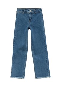Jeans de mezclilla en azul medio con una cinturilla alta, diseño de pierna recta y dobladillos deshilachados. Presenta un botón de metal y un clásico diseño de cinco bolsillos.