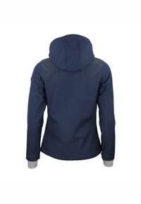 Chaqueta con capucha color azul marino y mangas largas, con un patrón de puntos reflectantes en la parte superior de la espalda y los puños de las mangas, mostrada desde la parte posterior.