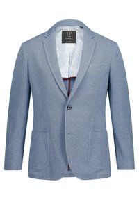 Blazer azzurro chiaro con tessuto testurizzato, chiusura a un bottone, due tasche frontali e foderatura interna a fantasia con design floreali.