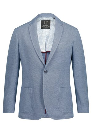 Hellblaue Blazer mit strukturierter Webart, Ein-Knopf-Verschluss, zwei Fronttaschen und gemusterter Innenauskleidung mit floralen Designs.