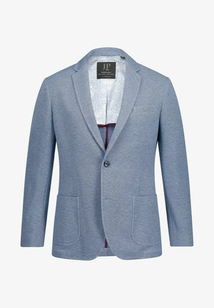 Lichtblauwe blazer met een getextureerde weving, met een enkele knoopsluiting, twee voorzakken en een gevoerde binnenkant met een patroon van bloemen.
