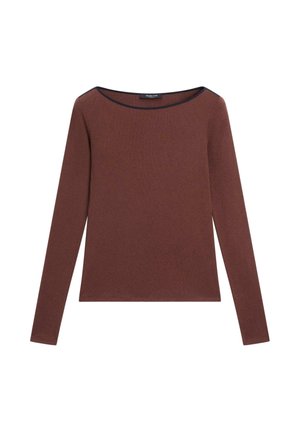 Brązowa bluzka z długim rękawem, szerokim dekoltem wykończonym czarną lamówką, jednolity wzór, rozłożona na płasko na białym tle.