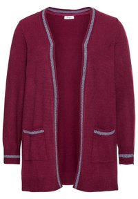 Cardigan bordeaux con apertura frontale, due tasche e rifinitura argentata lungo l'escursione del collo e dei bordi delle tasche. Texture in maglia morbida di peso medio.