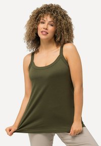 Olive green tank top made of soft, stretchy fabric. It features wide straps, a rounded neckline, and a relaxed fit with a slightly longer hem.