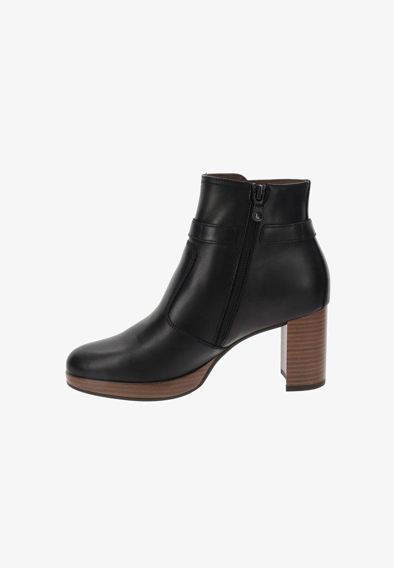Bottines en cuir noir avec un bout arrondi, une fermeture éclair sur le côté et un talon en bois empilé. Texture lisse avec des accents minimaux.