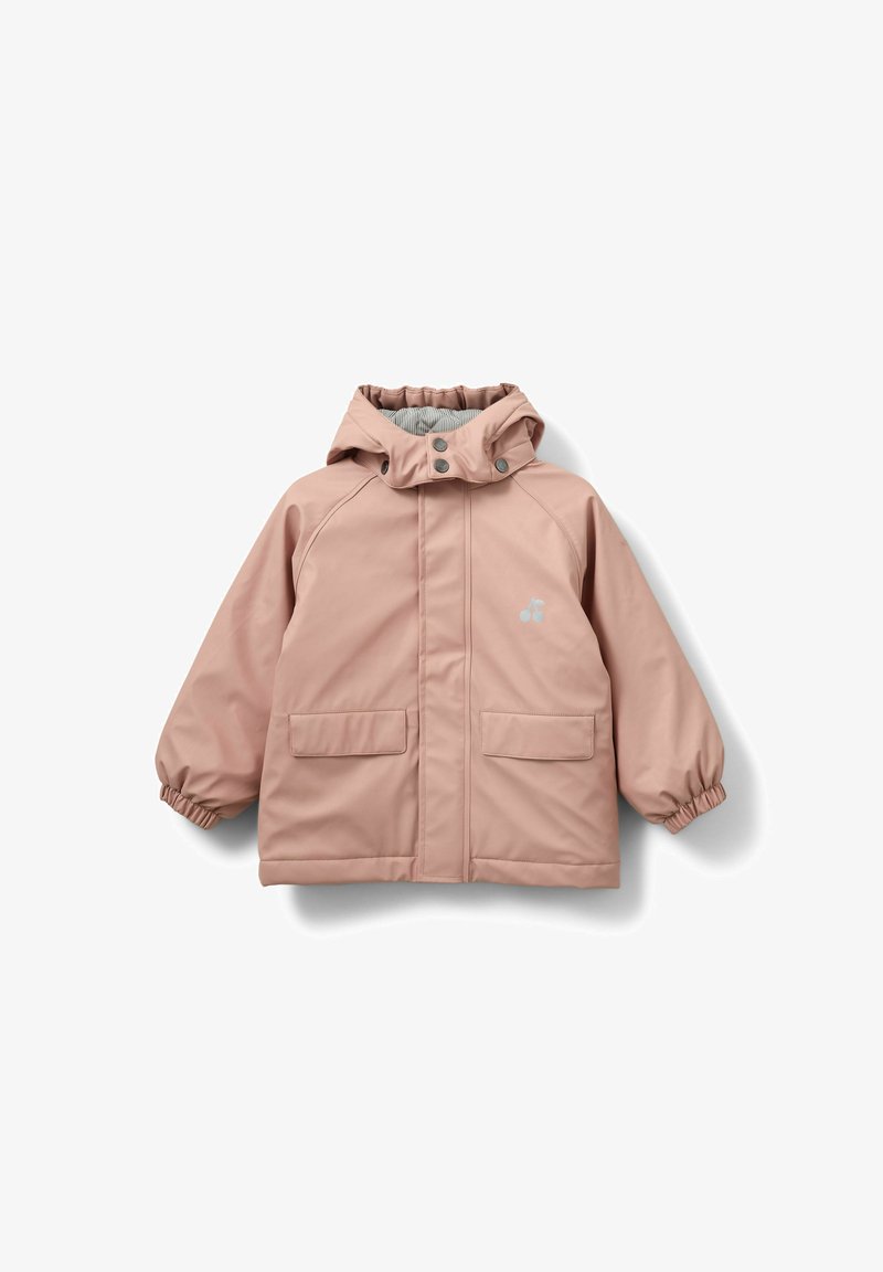 Rožinė vandeniui atspari striukė su gobtuvu, elastingomis rankovėmis, dviem priekinėmis kišenėmis ir subtiliu logotipu. Lygus paviršius ir laisvas fasonas.