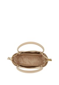 Borsa beige con esterno in pelle liscia, manici doppi e chiusura con zip. L'interno presenta una fodera con motivo a logo.