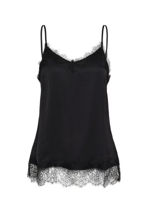 Camisole en satin noir à fines bretelles, ornée d'une délicate bordure en dentelle florale le long de l'encolure et de l'ourlet.