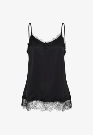 Camisole en satin noir à fines bretelles, ornée d'une délicate bordure en dentelle florale le long de l'encolure et de l'ourlet.