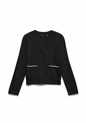 Cardigan noir avec col en V, fermeture à boutons, deux poches avant bordées de crème, et poignets et ourlet côtelés. Matière douce et extensible.