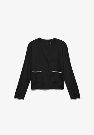 Cardigan noir avec col en V, fermeture à boutons, deux poches avant bordées de crème, et poignets et ourlet côtelés. Matière douce et extensible.