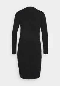 Musta, pitkähihaista neulemekkoa, jossa on pyöreä pääntie. Kangas on sileä, istuva bodystä, ja se ulottuu ribbitettyyn helmaan.