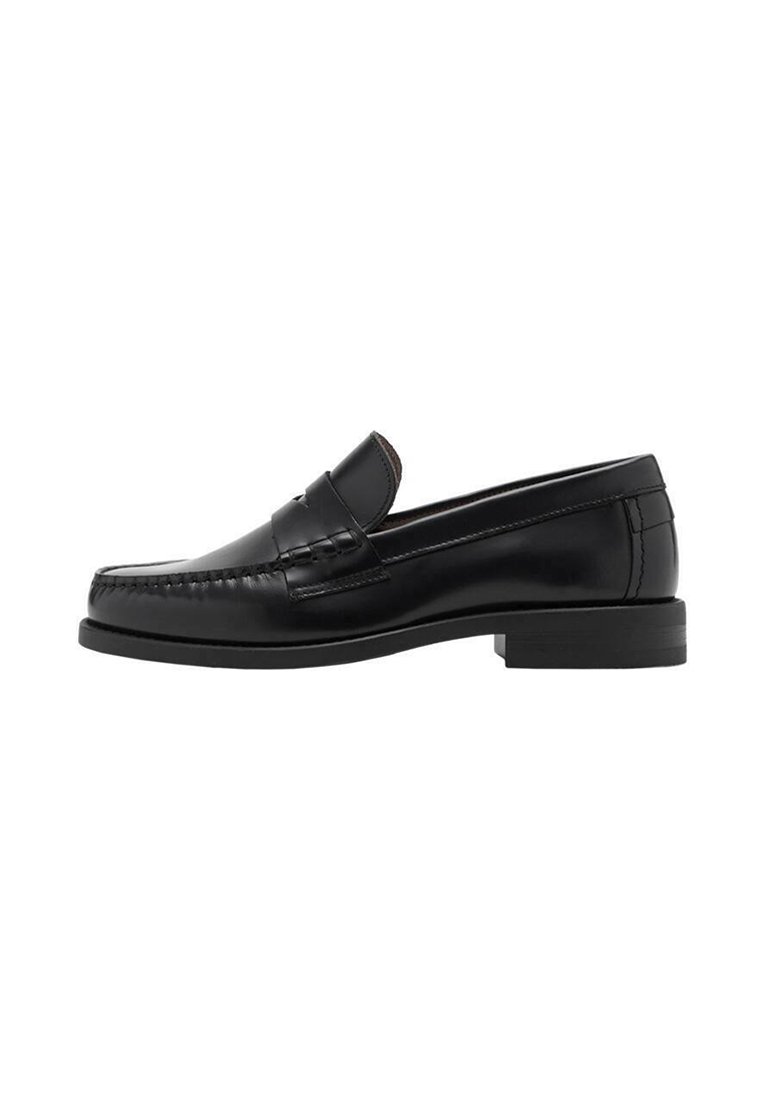 Black leather loafers with a smooth finish, stitched detailing on the toe, and a low heel design for comfort and style.