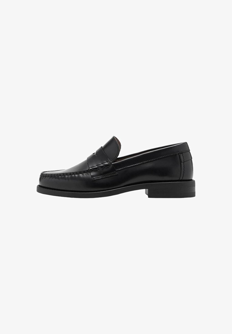 Black leather loafers with a smooth finish, stitched detailing on the toe, and a low heel design for comfort and style.