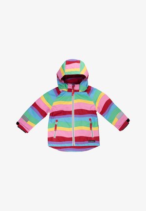 Kleurvolle, capuchonjack met horizontale strepen in roze, rood, groen, blauw en geel. Voorzien van twee voorzakken met rits en elastische manchetten.