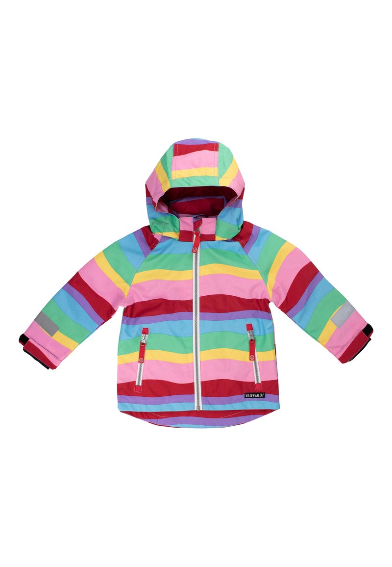 Barevná kapucínová bunda s horizontálními pruhy v růžové, červené, zelené, modré a žluté barvě. Obsahuje dvě přední kapsy na zip a elastické manžety.