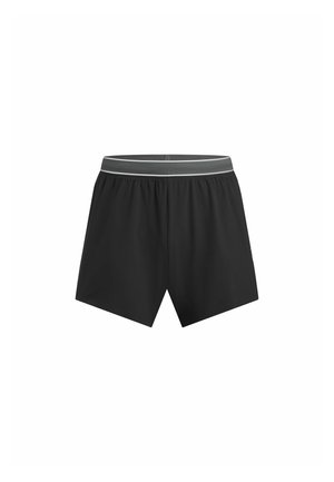 Black athletic shorts with an elastic waistband featuring a gray accent. The fabric appears lightweight and smooth, with a loose fit design.