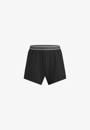 Black athletic shorts with an elastic waistband featuring a gray accent. The fabric appears lightweight and smooth, with a loose fit design.