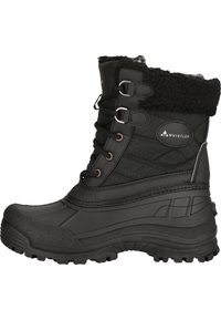 Botín de invierno negro con parte superior texturizada, forro de piel sintética, cordones en la parte delantera, suela de goma y tobillo acolchado para aislamiento y soporte.