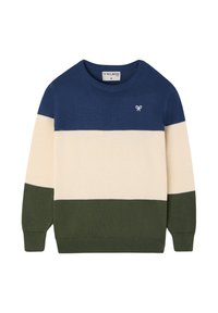 Jersey de cuello redondo con rayas horizontales en azul, crema y verde. Fabricado en tejido de punto con un pequeño logo en el pecho.