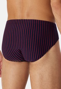 Marineblaue Schwimmslips mit schmalen roten vertikalen Streifen. Weiches, leichtes Material mit tailliertem Design. Glatte Textur und niedriger Schnitt.