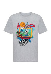 Gray cotton t-shirt featuring a colorful graphic of Bugs Bunny, a basketball, and a hoop, with "Bugs Bunny" text below the design.