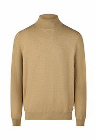 Beiger Rollkragenpullover aus weichem Strickstoff. Mit langen Ärmeln und engem Kragen sowie gerippten Bündchen und Saum. Schlichtes Design.