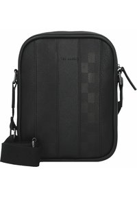 Black square crossbody bag made of textured synthetic material with a checkered pattern and adjustable strap; features embossed logo.