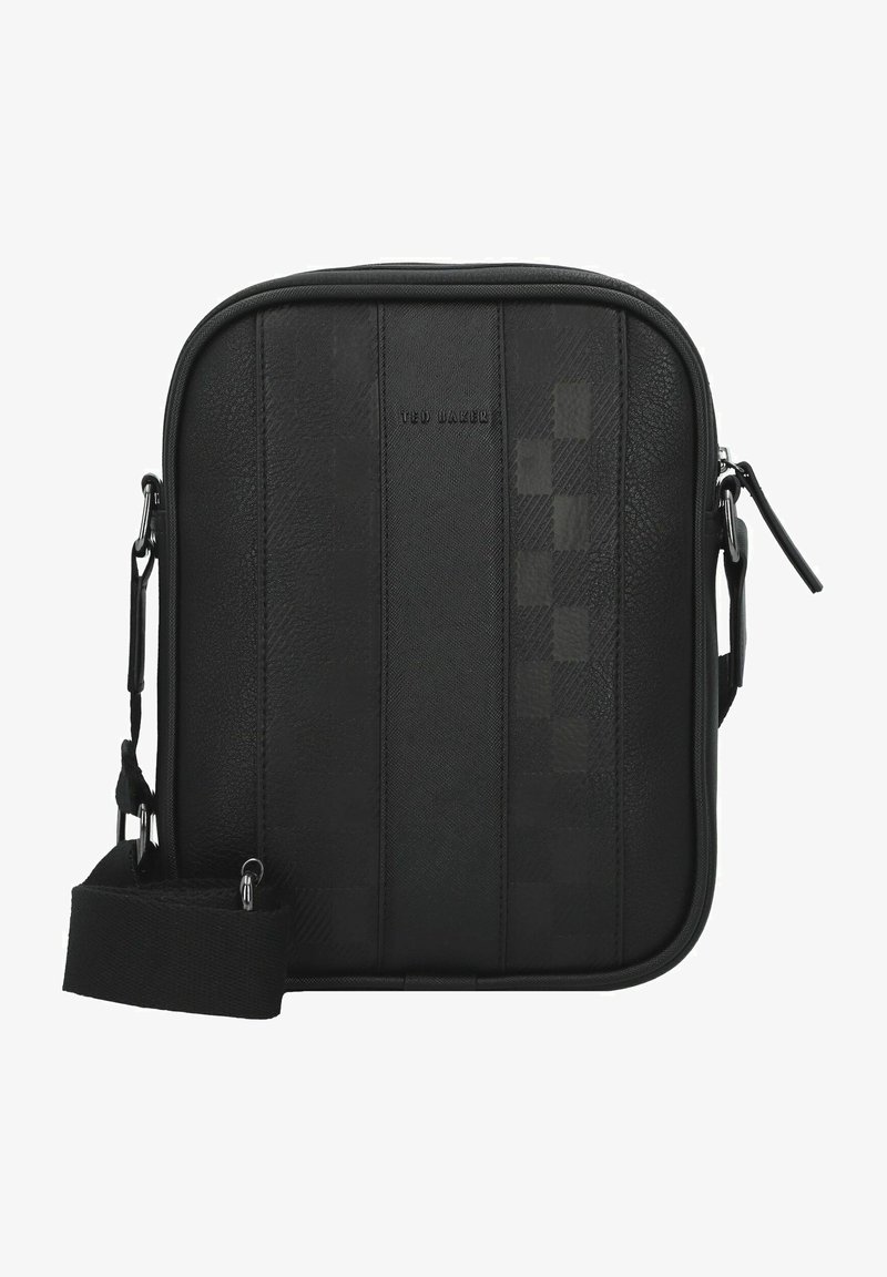 Borsa a tracolla nera realizzata in materiale sintetico texturizzato con motivo a quadri e tracolla regolabile; presenta un logo embossato.