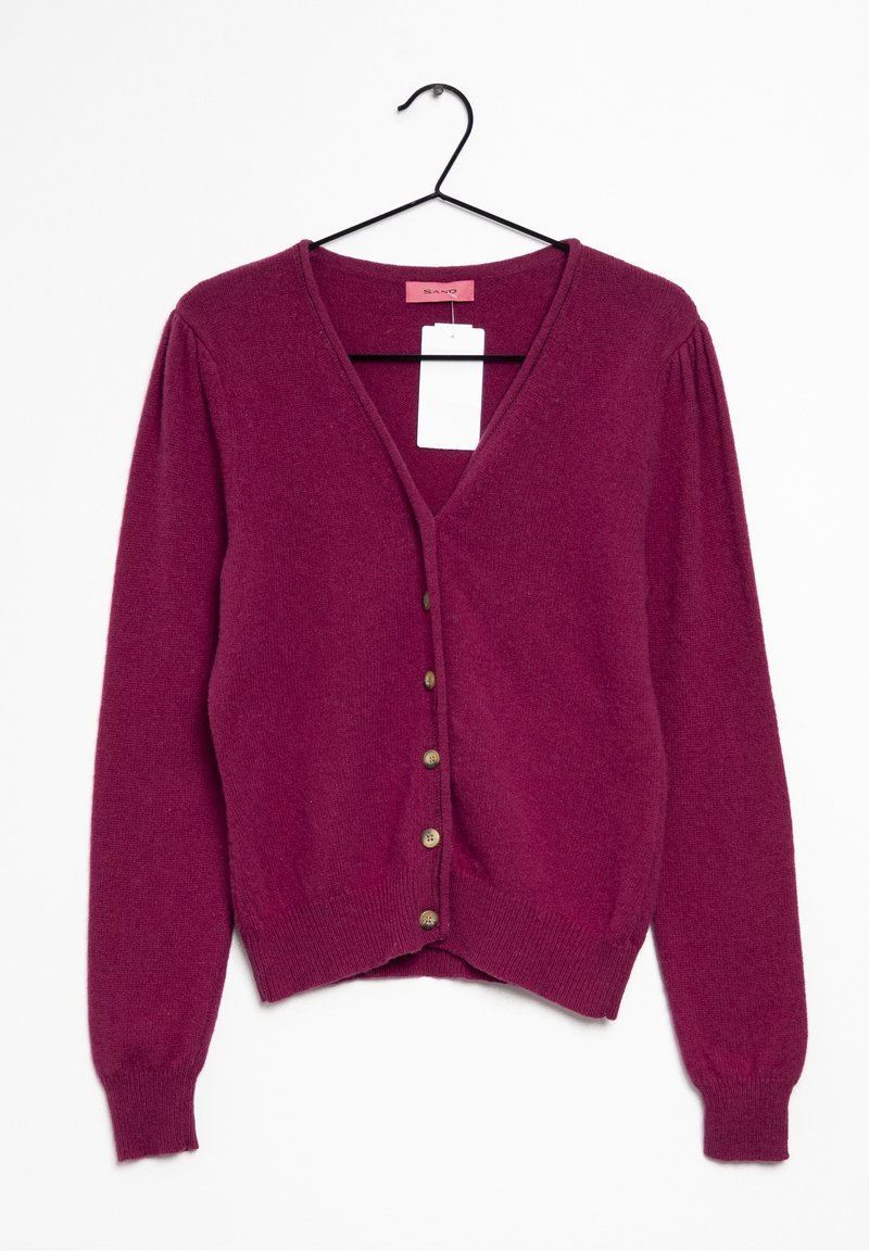V-neck burgundy cardigan with long sleeves, soft texture, seven buttons down the front, and a relaxed fit. Tag visible inside neckline.