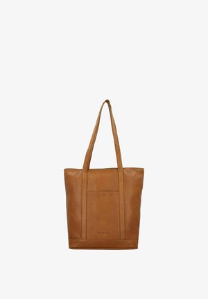 Sac en cuir marron, forme rectangulaire, avec deux longues poignées, poche avant et texture lisse. Design minimaliste sans quincaillerie visible.
