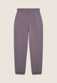 Pantalons de survêtement lilas en matériau doux avec une taille élastique et des jambes fuselées. Comprend des ourlets cousus et pas de poches.