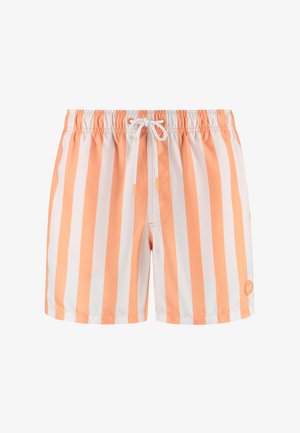 Męskie szorty kąpielowe w pomarańczowe i białe pionowe paski. Wykonane z lekkiego materiału z elastycznym pasem i sznurkiem. Zawierają detal z logo.