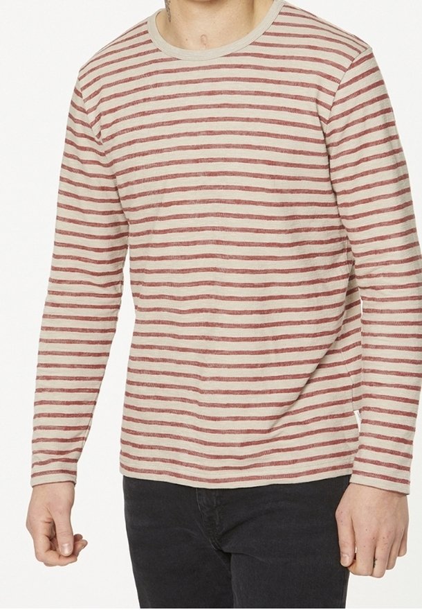 Pitkähihaisa paita, jossa on pyöreä kaula-aukko. Vaalea beige kangas, jossa on punaisia vaakaraitoja. Pehmeä materiaali ja rento istuvuus. Klassinen muotoilu, rento tyyli.