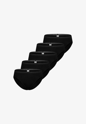 Fem sorte kvinders trusser med blonderkantet linning, arrangeret i en trappetrinsbunke på en hvid baggrund.