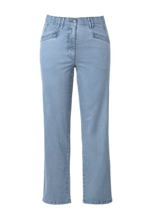 Hellblaue Jeans mit geradem Bein, elastischem Bund und zwei vorderen Taschen mit dekorativen Nähten.