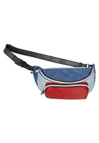 Marsupio realizzato in nylon blu e rosso con una tracolla regolabile nera, dotato di due scomparti con zip e una superficie liscia.