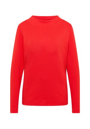 Czerwona bluzka z długim rękawem, wykonana z gładkiego materiału, o prostym kroju, okrągłym dekolcie i schludnych szwach, zaprojektowana do codziennego użytku.
