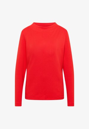 Top rojo de manga larga hecho de tejido suave, con un corte recto, cuello redondo y costuras limpias, diseñado para uso casual.