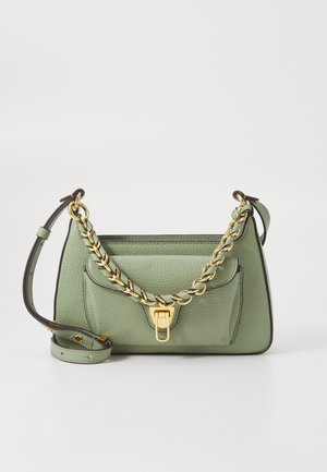 Green leather handbag with a textured finish, featuring a gold chain strap and hardware, and a clasp closure. Designed with a structured shape.