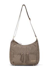 Borsa a tracolla color talpa con finitura testurizzata, due tasche frontali con zip e dettagli in metallo color oro. Tracolla regolabile per un uso versatile.