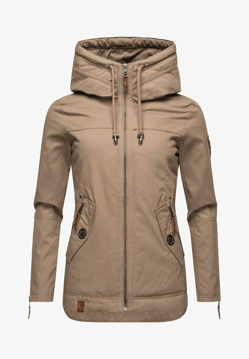 Light brown jacket with a hood, featuring a front zipper, two side pockets with buttons, and drawstrings at the neckline for adjustment.