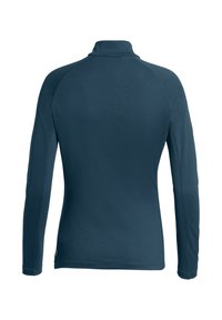 Pull-over à manches longues de couleur bleu foncé, avec un col haut, une texture lisse et des manches raglan. Design minimaliste sans motifs ni matériel visible.