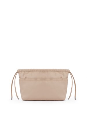 Bustina rettangolare beige con chiusura a coulisse su entrambi i lati e una tasca esterna, realizzata in tessuto liscio.